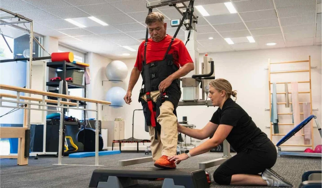 Gait training with support equipment at PT of City, physiotherapist in Islamabad
